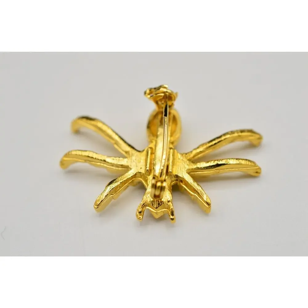 Vintage Cabochon Bug Pin Brooch Green Faux Jade Brushed Gold Insect Crystal 9B